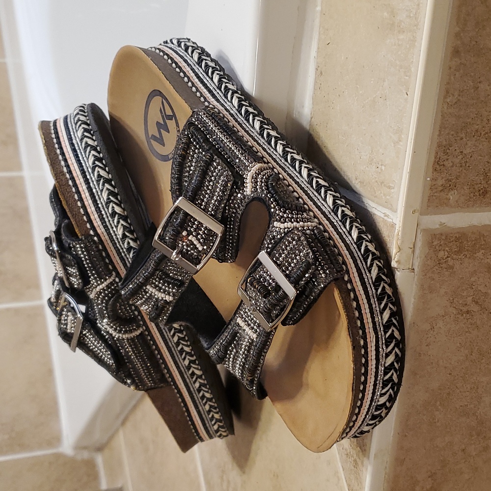 Black and White Beaded Platform Sandals